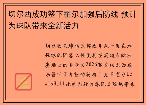 切尔西成功签下霍尔加强后防线 预计为球队带来全新活力 切尔西成功签下霍尔加强后防线 预计为球队带来全新活力