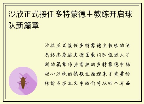 沙欣正式接任多特蒙德主教练开启球队新篇章 沙欣正式接任多特蒙德主教练开启球队新篇章